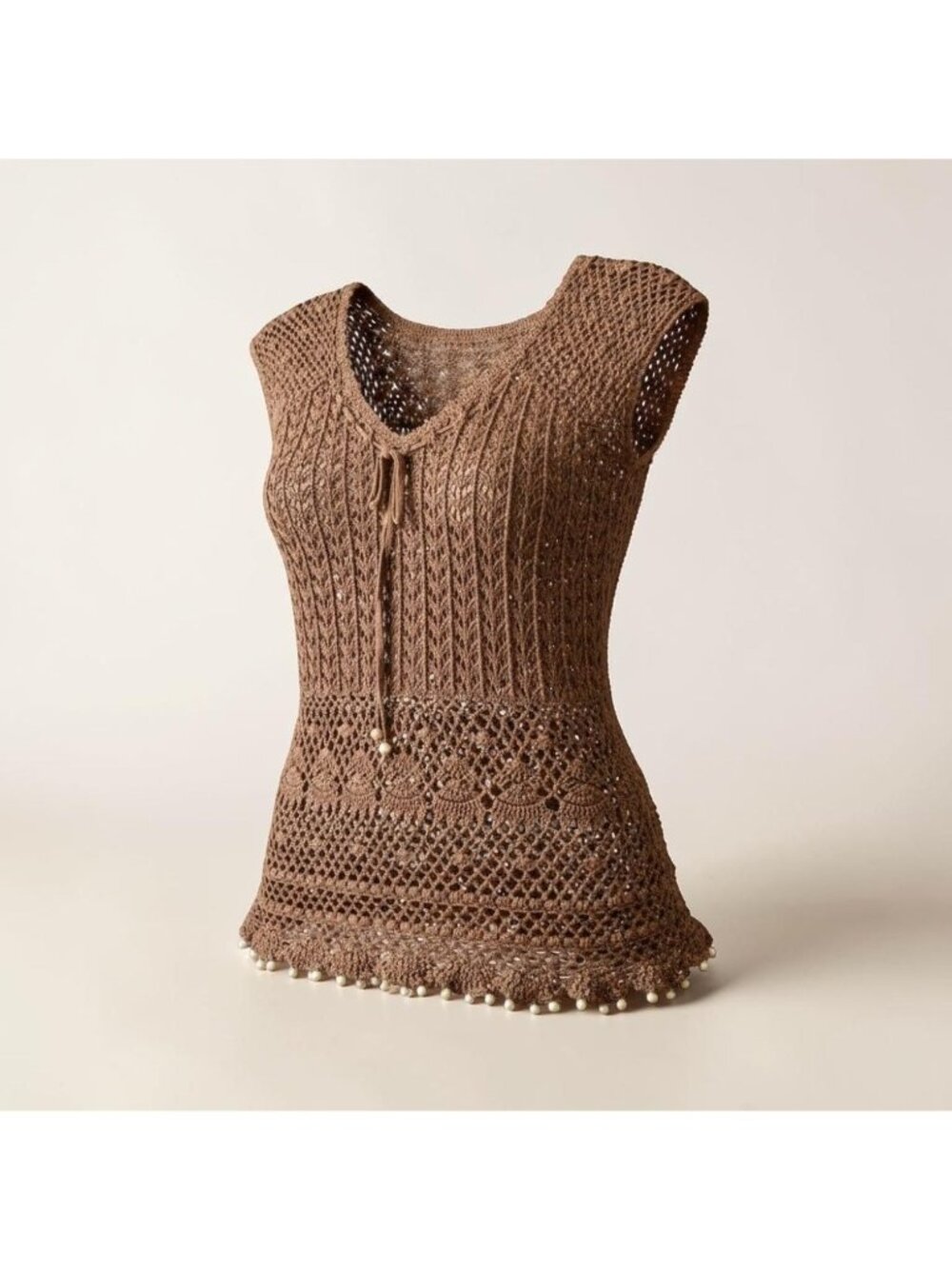 Crochet Brown Tunic Top Retro Boho with Cap Sleeves Tie Neck Detailed Bead Hem - Picture 10 of 13